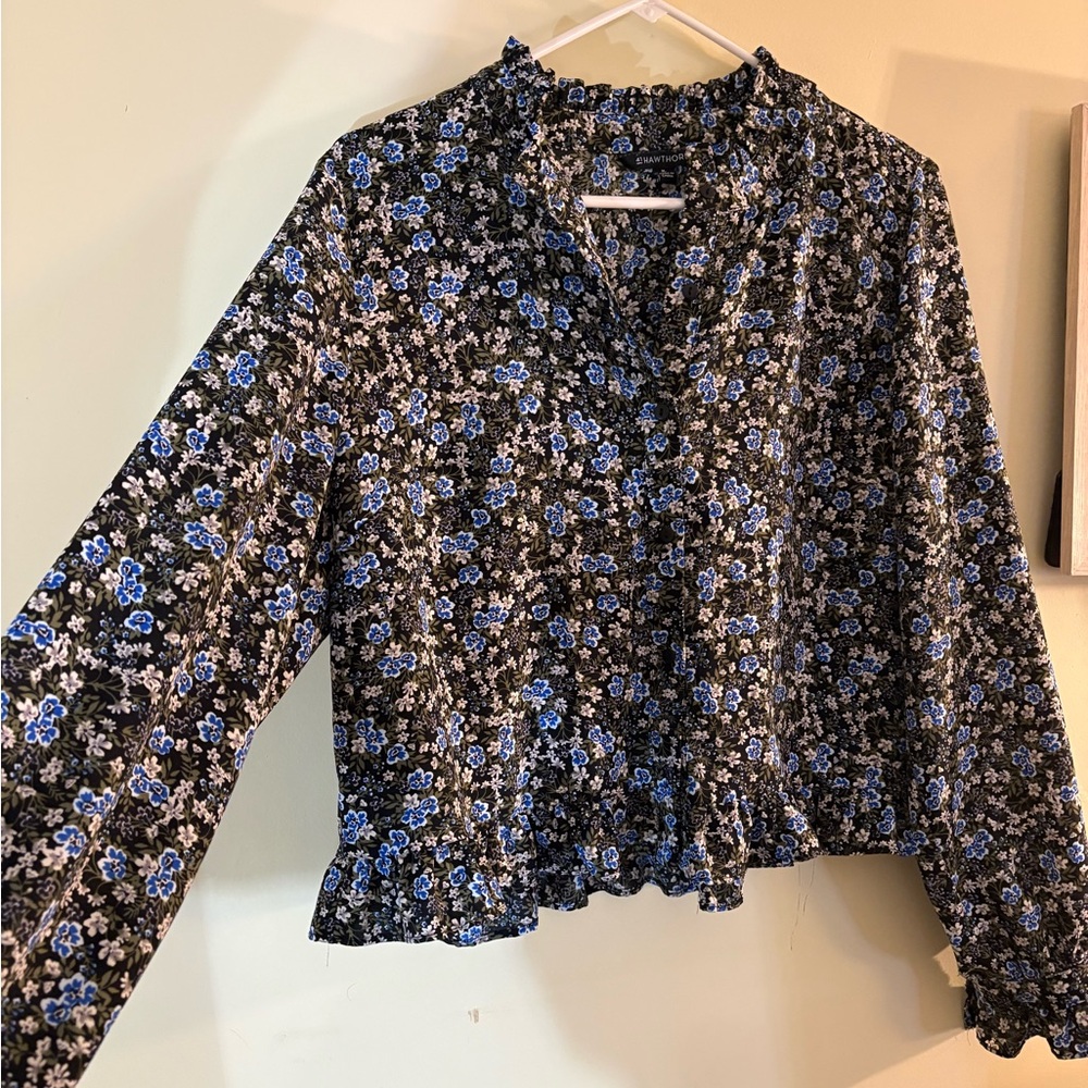 41 Hawthorn Blue and Black Floral Blouse